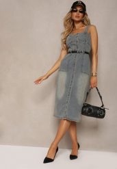 Jasnoniebieska Jeansowa Sukienka na Ramiączkach Zapinana na Napy z Paskiem z Imitacji Skóry Wemia. Niebieskie sukienki dla dziewczynek Renee, bez wzorów, z jeansu, eleganckie, bez ramiączek. Za 169.99 zł.