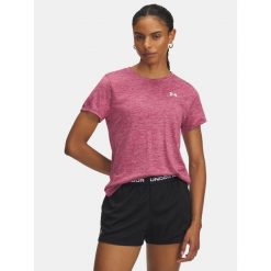 Koszulka treningowa damska Under Armour Tech Twist fuchsia dusk/white. Czerwone koszulki sportowe damskie Under Armour, bez wzorów, bez kołnierzyka, bez ramiączek, na fitness i siłownię. Za 83.99 zł.
