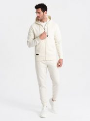 Dresowy męski komplet BASIC bluza rozpinana + joggery – kremowy V5 - Rozmiar: XXL. Białe bluzy męskie Ombre Clothing, m, bez wzorów, z bawełny, bez kaptura. Za 329.99 zł.
