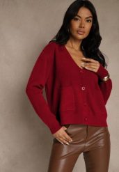Bordowy Kardigan na Guziki z Domieszką Kaszmiru Vetiella. Czerwone kardigany damskie Renee, bez wzorów, z jeansu, eleganckie. Za 109.99 zł.
