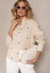 Beżowa Bawełniana Koszula w Serca Elearose. Brązowe bluzki damskie Renee, l, bez wzorów, z bawełny, eleganckie, bez kołnierzyka, bez ramiączek. Za 54.99 zł.