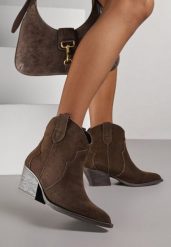Brązowe Botki Kowbojki na Stożku ze Skóry Naturalnej Liravetta. Brązowe botki damskie Renee, z jeansu, eleganckie, bez obcasa, na obcasie, bez zapięcia. Za 199.99 zł.