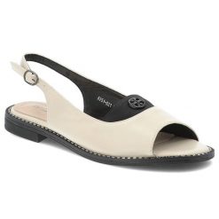 Sandały damskie S. Barski, eleganckie na płaskim obcasie z ozdobą ze sprzączką, ecru, KV51-021. Brązowe klapki damskie S.BARSKI, z aplikacjami, eleganckie, bez obcasa, na płaskiej podeszwie. Za 109.00 zł.