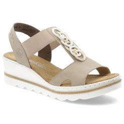Beżowe Sandały Rieker Eleganckie Obuwie Damskie Na Koturnie. Brązowe klapki damskie Rieker, z aplikacjami, z materiału, bez obcasa, na koturnie, bez zapięcia. Za 299.00 zł.