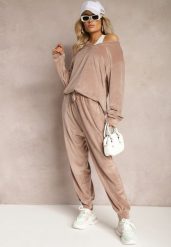 Beżowy Komplet Dresowy z Weluru Luźna Bluza z Dekoltem w V i Elastyczne Spodnie z Kieszeniami Esparkia. Brązowe bluzy damskie Renee, l, bez wzorów, z dresówki. Za 89.99 zł.