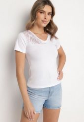 Biały Bawełniany T-shirt z Dekoltem w Serek z Cyrkoniową Aplikacją Nirivale. Białe bluzki damskie Born2be, l, z aplikacjami, z bawełny, eleganckie, bez kołnierzyka. Za 34.99 zł.