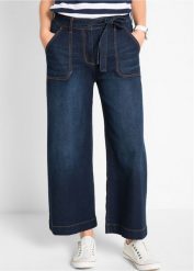 Dżinsy Wide Leg, high waist z wygodnym paskiem, cropped. Niebieskie jeansy damskie bonprix, z podwyższonym stanem. Za 139.99 zł.