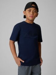 4F T-shirt regular z nadrukiem chłopięcy - granatowy 140 (9-10 lat). Niebieskie t-shirty dla chłopców 4f, bez wzorów, z bawełny, bez ramiączek. Za 39.99 zł.