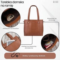 Torebka damska skórzana na ramię i do ręki shopper bag koniakowa pojemna Paolo Peruzzi T-41-CG. Torby na ramię damskie bez wzorów, ze skóry, biznesowe, do ręki, bez dodatków. Za 339.00 zł.