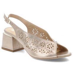 Sandały damskie Armodo, ze skóry licowej z dziurkami na klocku ze sprzączką eleganckie, złote, 1981-3014. Żółte sandały damskie Armodo, w ażurowe wzory, ze skóry, bez obcasa, na obcasie, bez zapięcia. Za 289.00 zł.