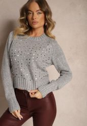 Szary Sweter z Bawełną i Cekinami Savintha. Szare swetry damskie Renee, z aplikacjami, z bawełny, casualowe, bez kołnierzyka, bez ramiączek, bez kaptura. Za 69.99 zł.