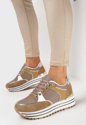 Ciemnobeżowe Sneakersy z Materiałowymi Wstawkami i Brokatem Jutofa. Brązowe obuwie sportowe damskie Born2be, bez wzorów, z materiału, do biegania. Za 109.99 zł.