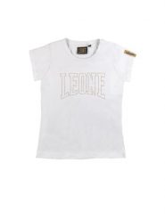 Sportowa złota koszulka z krótkim rękawem dla dziewcząt. Białe t-shirty i topy dla dziewczynek LEONE 1947 APPAREL, bez wzorów, z jeansu, bez ramiączek. Za 117.88 zł.