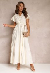 Jasnobeżowa Koktajlowa Maxi Sukienka Ozdobiona Plisami z Trójkątnym Dekoltem i Wiązaniem w Talii Phoelia. Brązowe sukienki damskie Renee, na imprezę, l, bez wzorów, eleganckie, bez kołnierzyka, bez ramiączek, maxi. Za 79.99 zł.