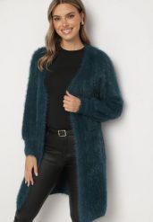 Ciemnozielony Niezapinany Kardigan z Wełną i Wsuwanymi Kieszeniami Riabelle. Zielone kardigany damskie Born2be, bez wzorów, z jeansu, eleganckie, bez kołnierzyka, bez ramiączek, długie, bez kaptura. Za 99.99 zł.