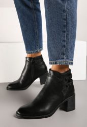 Czarne Botki na Obcasie z Ozdobnymi Paskami i Klamrami Reanira. Czarne botki damskie Born2be, na zimę, z jeansu, eleganckie, bez obcasa, na obcasie, bez zapięcia. Za 149.99 zł.