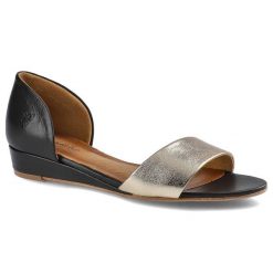 Sandały damskie Maciejka, skóra naturalna i na płaskiej podeszwie z minimalnym koturnem, czarno-złote, 01971-46-00-5. Czarne sandały damskie Maciejka, z aplikacjami, ze skóry, bez obcasa, na koturnie, bez zapięcia. Za 239.00 zł.