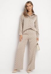 Beżowy Komplet w Geometryczny Wzór Koszula i Spodnie Verikka. Brązowe koszule damskie Born2be, m, bez wzorów, z jeansu, eleganckie, bez kołnierzyka, bez ramiączek. Za 279.99 zł.