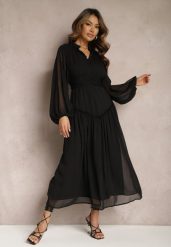 Czarna Elegancka Sukienka w Stylu Vintage z Powlekanymi Guzikami i Marszczeniami Lefandia. Czarne sukienki damskie Renee, na imprezę, l, bez wzorów, eleganckie, bez kołnierzyka, bez ramiączek, maxi. Za 159.99 zł.