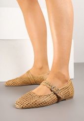 Brązowe Balerinki z Ażurowej Plecionki z Paskiem z Klamerką Delmire. Brązowe baleriny damskie Born2be, na lato, w ażurowe wzory, z jeansu, eleganckie, bez obcasa. Za 64.99 zł.