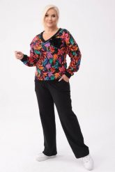 Bawełniany czarny komplet dresowy Comfy - bluza Retro Etno + długie spodnie PLUS SIZE XXL OVERSIZE. Czarne bluzy damskie Moda Size Plus Iwanek, plus size, z aplikacjami, z bawełny, bez kaptura. Za 389.90 zł.