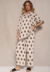 Jasnobeżowy Komplet z Wiskozą Oversize Koszula i Spodnie Zdobione Etnicznym Printem Janea. Brązowe koszule damskie Renee, m, z aplikacjami, z wiskozy. Za 129.99 zł.