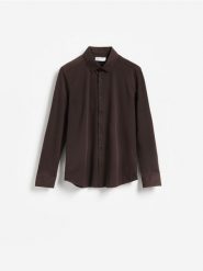 Strukturalna koszula super slim - ciemnobrązowy. Brązowe koszule męskie Reserved, l, bez wzorów, z dzianiny, bez kołnierzyka, bez ramiączek. Za 119.99 zł.