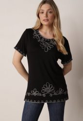 Czarna Wiskozowa Bluzka na Krótki Rękaw z Etno Haftem z Metaliczną Nicią Aiopa. Czarne bluzki damskie Born2be, l, bez wzorów, z jeansu, biznesowe, bez kołnierzyka, plus size, bez ramiączek. Za 69.99 zł.