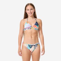 Kostium kąpielowy dwuczęściowy surfingowy dla dzieci Decathlon 500 Tali Palmy. Niebieskie stroje kąpielowe dla dziewczynek Decathlon, bez wzorów, z elastanu. Za 44.99 zł.