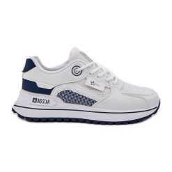 Buty Sportowe Sneakersy Damskie Big Star NN274A103 HI-POLY System Biało-Granatowe białe. Białe obuwie sportowe damskie bez wzorów, ze skóry. Za 237.59 zł.