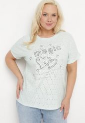 Miętowy T-shirt Ażurowy z Ozdobnymi Cyrkoniami Cevola. Zielone bluzki damskie Born2be, xl, w ażurowe wzory, bez kołnierzyka. Za 34.99 zł.