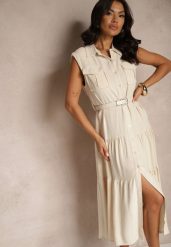 Beżowa Wiskozowa Sukienka Koszulowa z Bawełną i Paskiem Artebia. Brązowe sukienki damskie Renee, na co dzień, l, bez wzorów, z bawełny, eleganckie, bez kołnierzyka, bez ramiączek, midi, koszulowe. Za 199.99 zł.