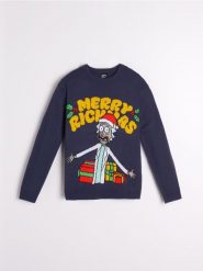 Sweter świteczny Rick and Morty - granatowy. Niebieskie swetry przez głowę męskie Sinsay, l, bez wzorów, bez kołnierzyka. Za 69.99 zł.