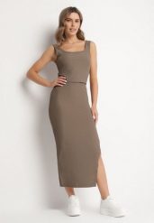 Zielony Komplet z Prążkowanej Dzianiny Top na Szerokich Ramiączkach i Spódnica z Rozcięciem na Boku Uola. Zielone spódnice damskie Born2be, bez wzorów, z bawełny. Za 69.99 zł.