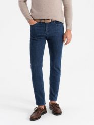 Klasyczne spodnie męskie jeansy SLIM FIT z elastanem – ciemnoniebieskie V3 OM-PADP-0216 - XXL. Niebieskie jeansy męskie Ombre Clothing, klasyczne. Za 125.99 zł.