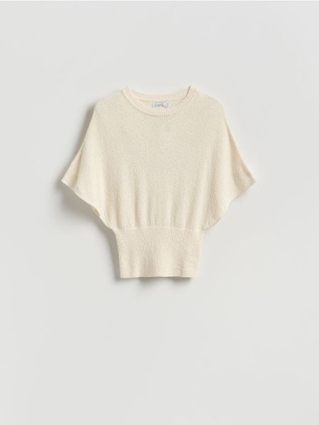 Sweter z kimonowym rękawem - kremowy. Białe swetry damskie Reserved, l, bez wzorów, z bawełny, bez kołnierzyka, bez ramiączek, bez kaptura. Za 119.99 zł.