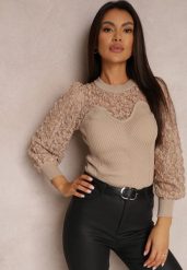Beżowy Sweter z Prążkowanej Dzianiny z Koronką Ule. Brązowe swetry damskie Renee, s, bez wzorów, z dzianiny, casualowe, bez kołnierzyka, bez ramiączek, bez kaptura. Za 119.99 zł.