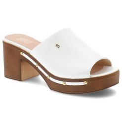 Klapki damskie Simen, ze skóry licowej na klocku z ozdobami eleganckie, białe, 6844A. Białe klapki damskie Simen, bez wzorów, ze skóry, eleganckie, bez obcasa, na obcasie. Za 339.00 zł.