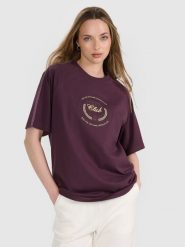 4F T-shirt oversize z nadrukiem damski - fioletowy S. Fioletowe koszulki sportowe damskie 4f, s, bez wzorów, z bawełny, klasyczne, bez kołnierzyka. W wyprzedaży za 49.99 zł.