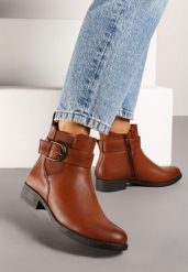 Jasnobrązowe Botki Typu Sztyblety Zdobione Elegancką Klamrą Delarael. Brązowe botki damskie Renee, eleganckie, bez obcasa, na obcasie, bez zapięcia. Za 54.99 zł.