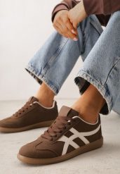 Brązowe Sneakersy w Stylu Tenisówek Ozdobione Geometrycznymi Paskami Zitora. Brązowe obuwie sportowe damskie Renee, bez wzorów, tenisowe. Za 99.99 zł.
