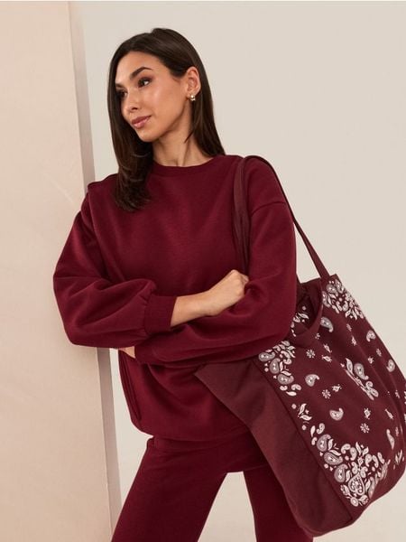 Bluza dresowa crewneck oversize - bordowy. Czerwone bluzy damskie Sinsay, l, bez wzorów, z dresówki, bez kaptura. Za 39.99 zł.