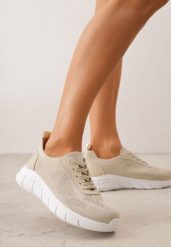 Beżowe Dzianinowe Sneakersy na Grubej Podeszwie ze Żłobieniami Enolora. Brązowe obuwie sportowe damskie Born2be, bez wzorów, z dzianiny, na fitness i siłownię. Za 79.99 zł.