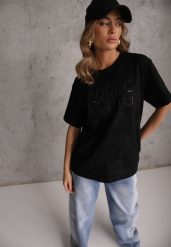 Czarny Bawełniany T-shirt Oversize z Haftowanym Napisem z Cekinami Talomora. Czarne bluzki damskie Renee, m, bez wzorów, z bawełny, rockowe, bez kołnierzyka, bez ramiączek. Za 59.99 zł.