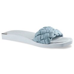 Klapki damskie Chebello, naturalna skóra licowa z szerokim plecionym paskiem wsuwaną konstrukcją oraz płaską podeszwą, niebieskie, 2609-366-PSK. Niebieskie sandały damskie CheBello, bez wzorów, ze skóry, bez obcasa, na płaskiej podeszwie, bez zapięcia. Za 199.00 zł.