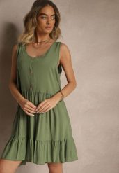 Zielona Rozkloszowana Sukienka z Bawełny Zdobiona Guzikami Iffanise. Zielone sukienki damskie Renee, na co dzień, l, z aplikacjami, z bawełny, eleganckie, bez kołnierzyka, bez ramiączek, mini, rozkloszowane. Za 24.99 zł.