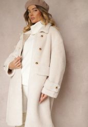 Biały Płaszcz Futerkowy Zdobiony Metalicznymi Zapięciami i Paskami przy Rękawach Cesilda. Białe płaszcze damskie Renee, l, z aplikacjami, z wełny, eleganckie, długie, bez kaptura. Za 259.99 zł.