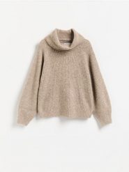 Sweter z dodatkiem wełny - brązowy. Brązowe swetry damskie Reserved, l, bez wzorów, z dzianiny, bez kołnierzyka, bez ramiączek, bez kaptura. Za 149.99 zł.