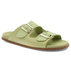 Klapki damskie HEE, na platformie skórzane z klamrami klasyczne, gruszowe, 25050. Zielone sandały damskie Hee, bez wzorów, z zamszu, bez obcasa, na platformie, bez zapięcia. Za 249.00 zł.
