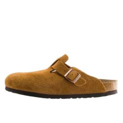 Birkenstock Boston Soft Footbed Suede Mink. Brązowe sandały damskie Birkenstock, bez wzorów, bez obcasa, bez zapięcia. Za 716.67 zł.